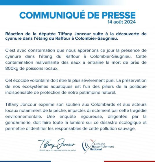 Communiqué de presse : contamination de l&rsquo;étang du Raffour à Colombier-Saugnieu