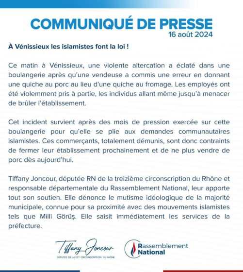 Communiqué de presse : à Vénissieux, les islamistes font la loi