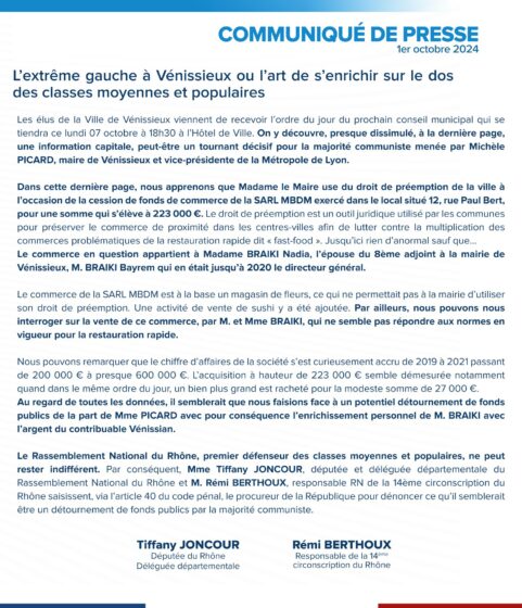 Vénissieux : le RN saisit le procureur sur une opération immobilière controversée
